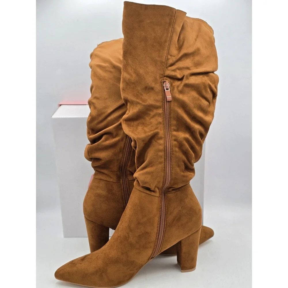 Allegra K Women's Slouch Pointed Toe Chunky Heel‎ Knee High Boots Brown Sz 9 M